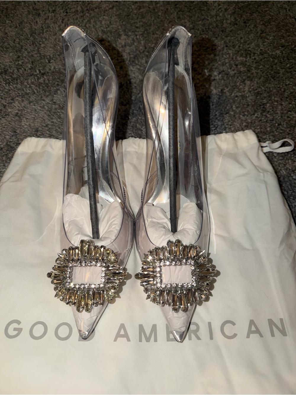 Good American Clear Pointed Toe Pumps with Crystal Buckle — White